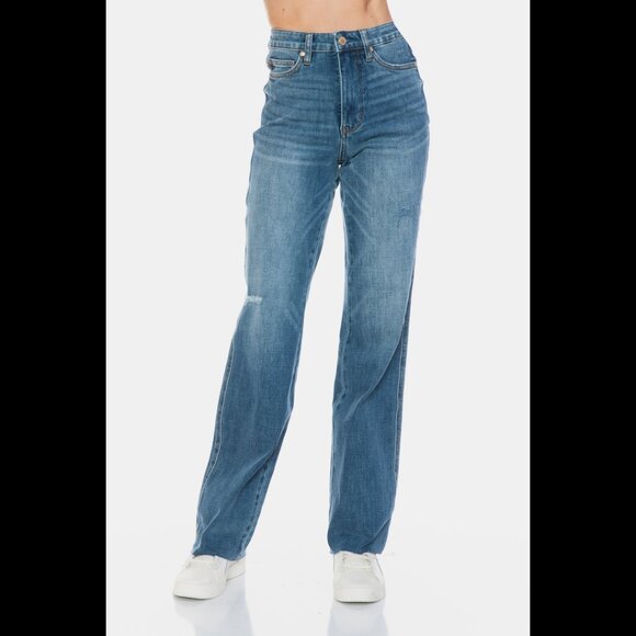 Judy Blue Full Size Tummy Control Cut Raw Hem Straight Jeans - Picture 9 of 12